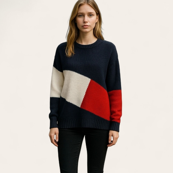 Tommy Hilfiger Ribbed Knit Longline Crewneck Sweater in Red White and Blue Sz M - Picture 1 of 8